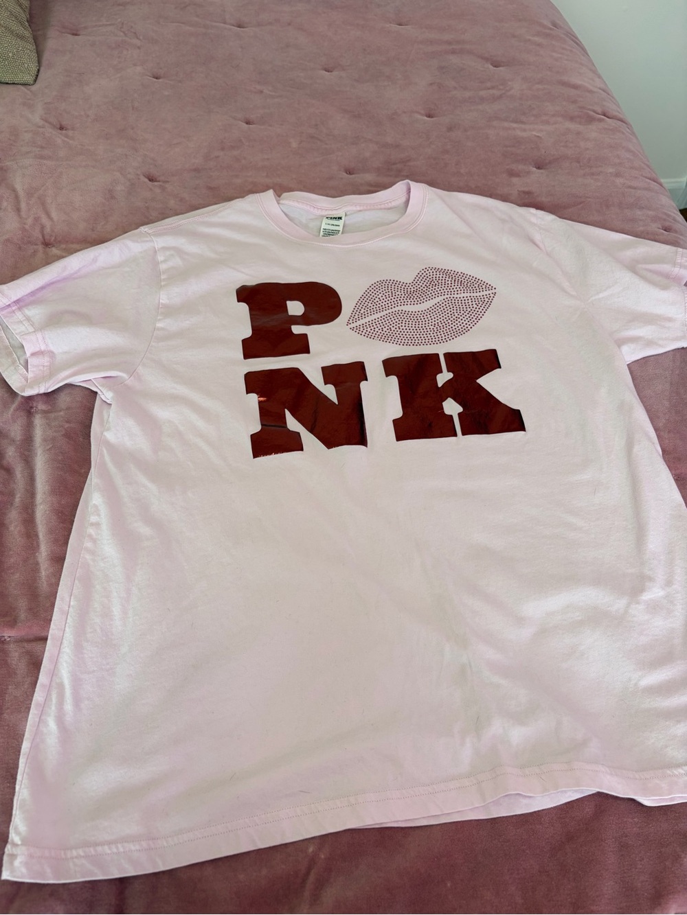 PINK Victoria's Secret Light Pink Tee with Maroon PNK & Lip Graphic